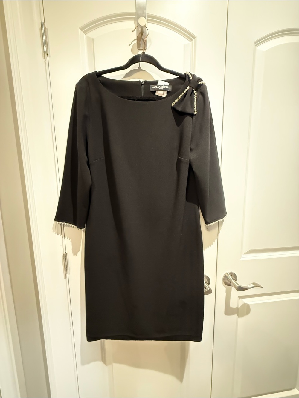 Karl Lagerfeld Black Sheath Dress with Pearl-Trim Bow